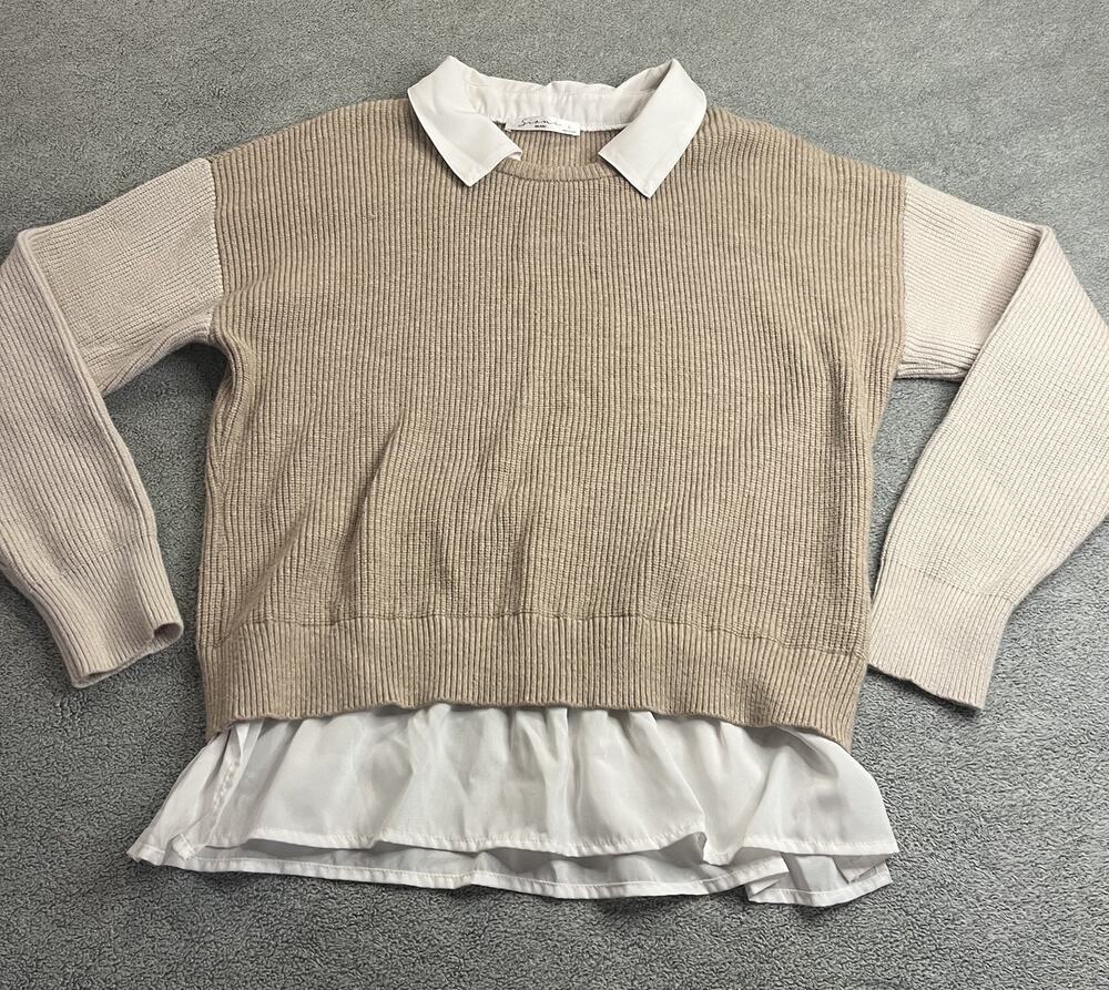 Sioni Milano Layered Look Ribbed Knit Sweater White Collar Hem Size L Tan B337